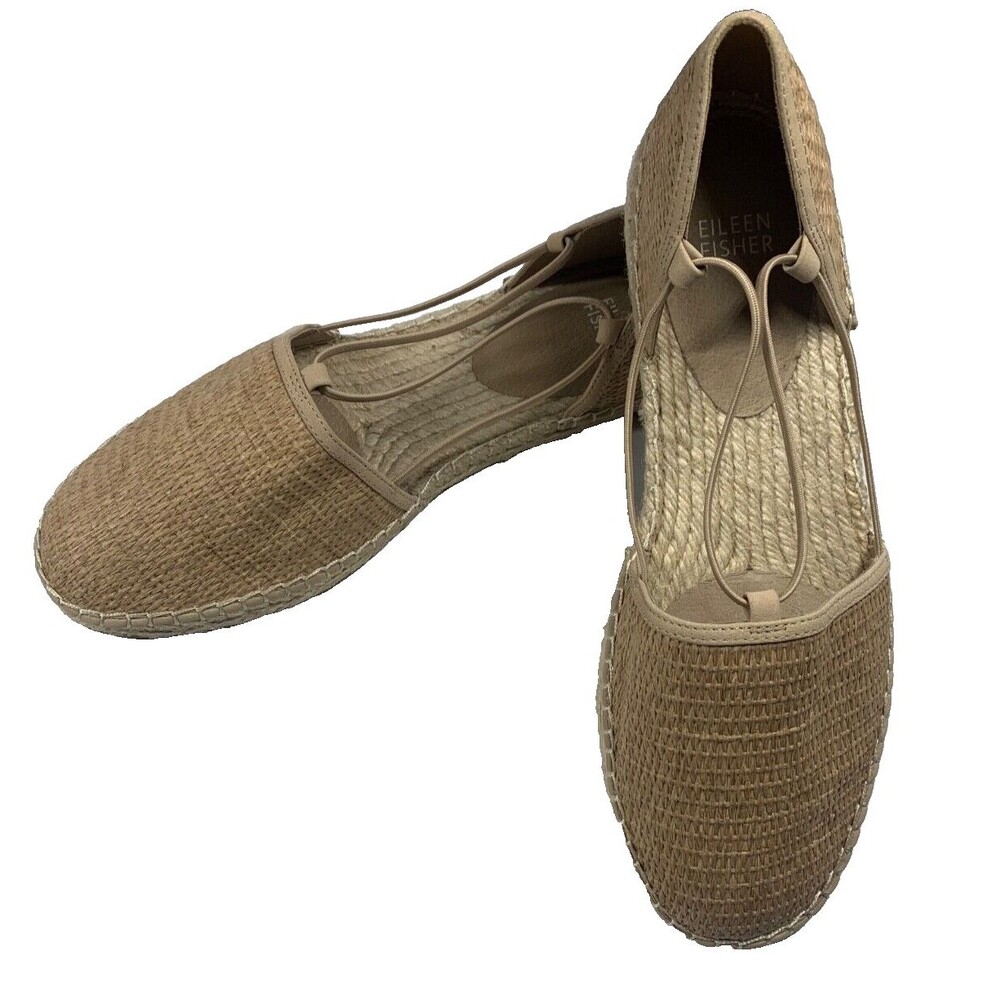 Eileen Fisher Lee Raffia Ballerina Espadrille Flats Natural Tan Strappy Shoes 10